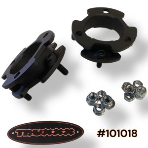 Truxxx 101018 2.0 inch front leveling kit for 2019-2023 Ford Ranger XL XLT Lariat, featuring two laser-cut USA Mill Certified Steel strut spacers and Grade 10.9 hardware