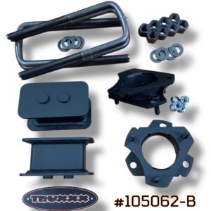 Product photo of Truxxx kit #105062-B for the 2024–2026 Ford F-150 Tremor (4WD). The image showcases 2.0-inch front and 1.0-inch rear lift components fabricated from laser-cut USA Mill Certified Steel. Components feature a salt-resistant durable coat and include high-tensile fasteners for a 100% bolt-on installation.
