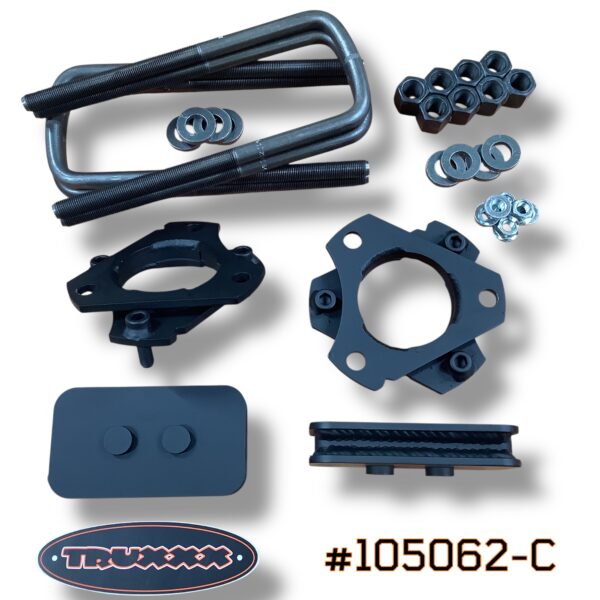 #105062-C Product photo of Truxxx kit #105062-C for 2024–2026 Ford F-150 Tremor, showcasing precision laser-cut North American Mill Certified Steel 1.5-inch front lift spacers and -1.25-inch rear lift components with a durable salt-resistant coating and high-tensile Grade 10.9 fasteners.