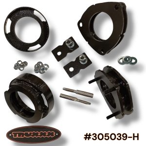 Truxxx 305039-H lift kit for 2024-2026 Kia Sorento Hybrid and PHEV, featuring USA Mill Certified Steel front and rear spacers, shock shaft extensions, and a black durable coat finish.