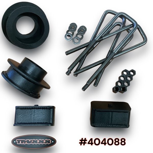 404088.jpg Truxxx 404088 2.5 inch front and rear lift kit for 2003-2026 Chevy Express and GMC Savana 2500/3500 8-lug vans, featuring steel spacers and 5/8 inch U-bolts.