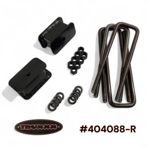 Truxxx 404088-R 2.5 inch rear lift kit for 2003-2026 Chevy Express 3500, featuring 5/8 inch HD U-bolts and laser-cut steel blocks.