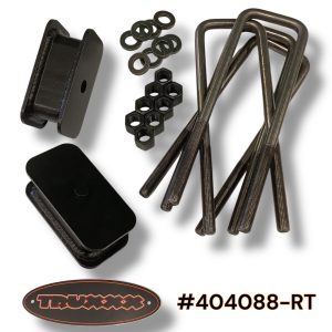 Truxxx 404088-RT 2 inch rear lift kit for 2003-2026 Chevy Express and GMC Savana 2500/3500 8-lug vans, featuring laser-cut steel blocks and heavy-duty 9/16 inch U-bolts