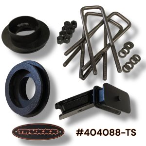 Truxxx 404088-TS lift kit for 2003-2026 Chevy Express and GMC Savana 2500/3500, featuring USA Mill Certified Steel front spacers, rear blocks, and heavy-duty 9/16 inch U-bolts with a durable coat.