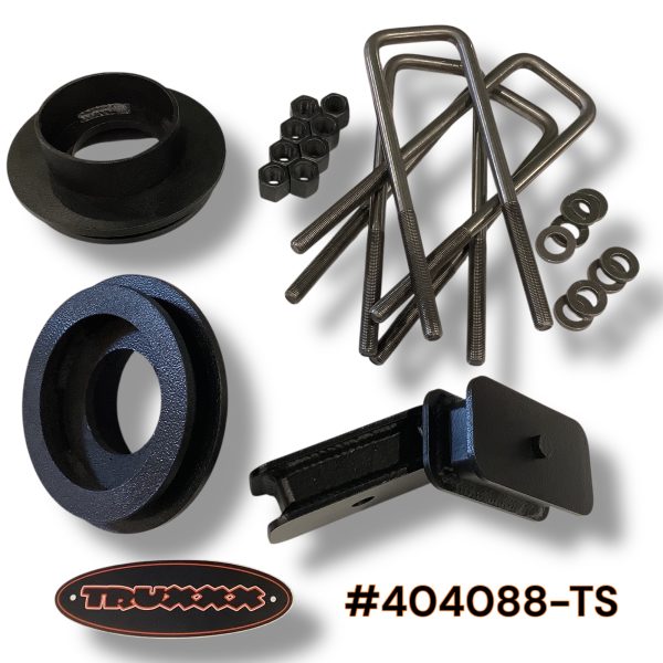 404088-TS.jpeg Truxxx 404088-TS lift kit for 2003-2026 Chevy Express and GMC Savana 2500/3500, featuring USA Mill Certified Steel front spacers, rear blocks, and heavy-duty 9/16 inch U-bolts with a durable coat.