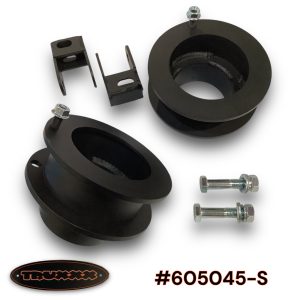 Truxxx #605045-S 2.25-inch front leveling kit for 2013-2026 Ram 3500/4500/5500 4WD Dually and Chassis Cab. Image features two precision laser-cut and fully welded steel front spacers with a durable coat finish and two shock relocation brackets for shocks located behind the spring.