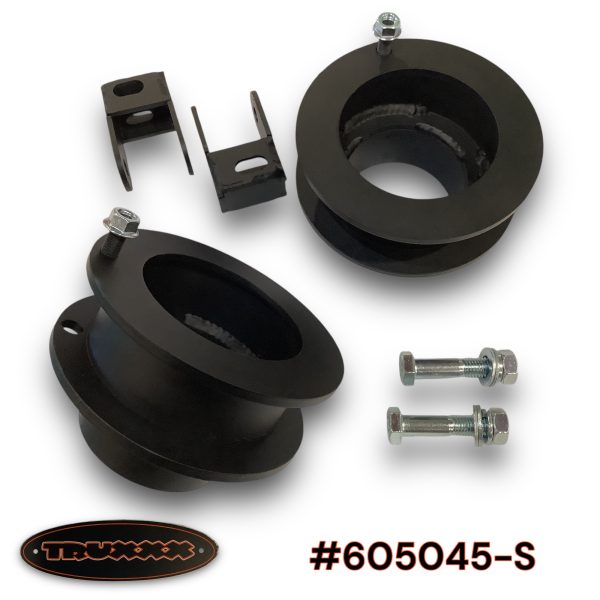605045-S.jpg Truxxx #605045-S 2.25-inch front leveling kit for 2013-2026 Ram 3500/4500/5500 4WD Dually and Chassis Cab. Image features two precision laser-cut and fully welded steel front spacers with a durable coat finish and two shock relocation brackets for shocks located behind the spring.