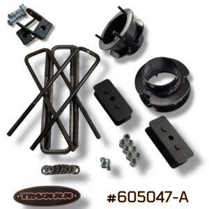 Truxxx 605047-A 2.25-inch front and 1.0-inch rear lift kit for 2013–2026 Ram 3500 4500 5500 Dually, featuring 1/4" welded steel spacers and blocks.