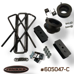 Truxxx 605047-C 2.25-inch front and 1.0-inch rear lift kit for shock-behind-spring Ram 3500 4500 5500 Chassis Cab, showing fully welded 1/4-inch steel spacers and rear blocks.