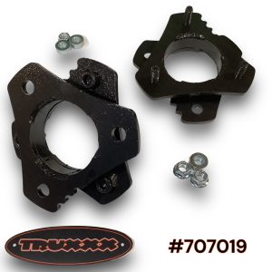 Truxxx part #707019, a 2-inch front leveling kit for 2004-2024 Nissan Titan and Titan XD, featuring heavy-duty USA steel spacers and zinc-plated hardware for a bolt-on installation.