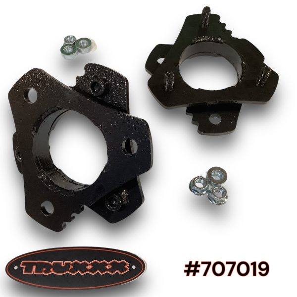 707019-.jpg Truxxx part #707019, a 2-inch front leveling kit for 2004-2024 Nissan Titan and Titan XD, featuring heavy-duty USA steel spacers and zinc-plated hardware for a bolt-on installation.