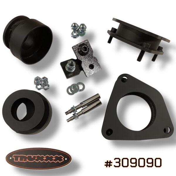 #309090 Truxxx 309090 1.5-inch front and rear lift kit for 2024-2026 Kia EV9 featuring high-strength steel spacers and shock shaft extensions.