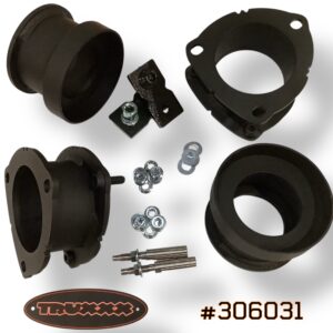 Truxxx #306031 2.5-inch front and rear lift kit suspension lift kit for 2027 Kia Telluride, including laser-cut USA Mill Certified steel front and rear spacers, all necessary mounting hardware and precision-engineered shock shaft extensions.