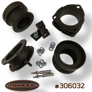 Truxxx #306032 2-inch front and 2.25-inch rear lift kit suspension lift kit for 2027 Kia Telluride, including laser-cut USA Mill Certified steel front and rear spacers, all necessary mounting hardware and precision-engineered shock shaft extensions.