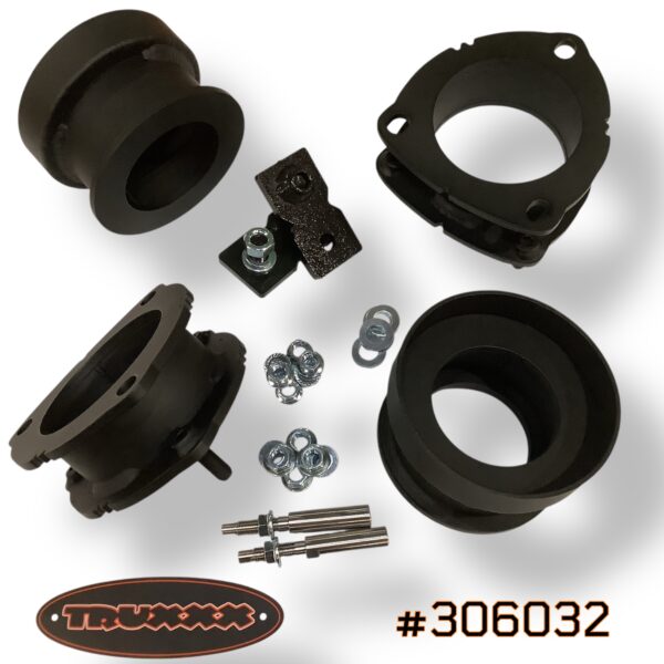 Truxxx #306032 2-inch front and 2.25-inch rear lift kit suspension lift kit for 2027 Kia Telluride, including laser-cut USA Mill Certified steel front and rear spacers, all necessary mounting hardware and precision-engineered shock shaft extensions.