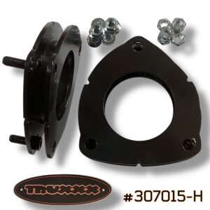 Product photo of Truxxx kit #307015-H for 2025–2026 Kia Carnival Hybrid FWD, featuring 1.0-inch front leveling spacers. Components are laser-cut from USA Mill Certified Steel with a salt-resistant durable coat and Grade 10.9 high-tensile fasteners