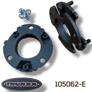 Truxxx #105062-E 1.5-inch front lift kit for the Ford Tremor, designed to eliminate factory rake while maintaining a functional stance for towing and hauling. Shown are the durable-coated steel spacers and grade-specific hardware that allow for larger tire clearance without compromising Tremor-specific shock tuning.