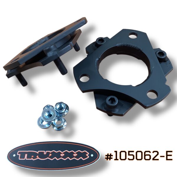 #105062-E Truxxx #105062-E 1.5-inch front lift kit for the Ford Tremor, designed to eliminate factory rake while maintaining a functional stance for towing and hauling. Shown are the durable-coated steel spacers and grade-specific hardware that allow for larger tire clearance without compromising Tremor-specific shock tuning.