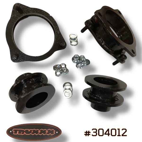 #304012 Product photo of Truxxx kit #304012 for 2024–2026 Kia Seltos FWD and Hyundai Kona FWD. Features 1.5-inch front and 1.5-inch rear lift spacers manufactured from laser-cut North American Mill Certified Steel. Includes a durable corrosion-resistant coating and high-tensile Grade 10.9 hardware for a 100% bolt-on installation.