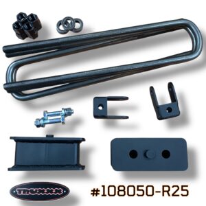 Product photo of Truxxx kit #108050-R25 for the 2024–2026 Ford F-450 and F-550 DRW/Dually. This 2.5-inch rear lift kit features two precision-fabricated rear lift blocks made of heavy-gauge USA Mill Certified Steel. The photo showcases two heavy-duty rear shock brackets, four custom-matched high-strength U-bolts, and Grade 10.9/12.9 high-tensile fasteners for a professional bolt-on installation.