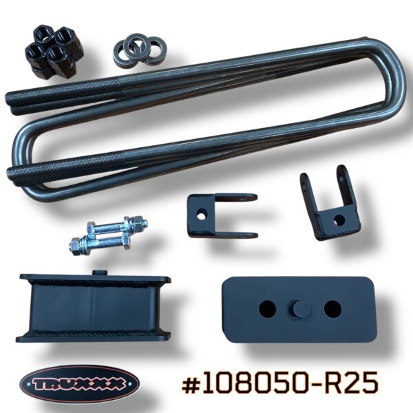 #108050-R25 Product photo of Truxxx kit #108050-R25 for the 2024–2026 Ford F-450 and F-550 DRW/Dually. This 2.5-inch rear lift kit features two precision-fabricated rear lift blocks made of heavy-gauge USA Mill Certified Steel. The photo showcases two heavy-duty rear shock brackets, four custom-matched high-strength U-bolts, and Grade 10.9/12.9 high-tensile fasteners for a professional bolt-on installation.