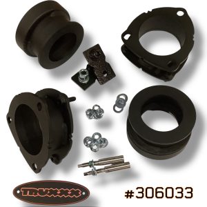 Truxxx #306033 lift kit for 2027 Kia Telluride gas models. Includes 2.0-inch front and 2.0-inch rear US Mill Certified Steel spacers, custom shock shaft extensions, and high-tensile Grade 10.9 hardware for a squared-up stance.