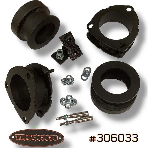Truxxx #306033 lift kit for 2027 Kia Telluride gas models. Includes 2.0-inch front and 2.0-inch rear US Mill Certified Steel spacers, custom shock shaft extensions, and high-tensile Grade 10.9 hardware for a squared-up stance.