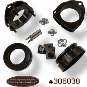 Product photo of Truxxx kit #306038 for the 2027 Kia Telluride Hybrid X-Line. Featuring 2.0-inch front and 1.5-inch rear lift spacers made from US Mill Certified Steel, including custom shock shaft extensions and high-tensile Grade 10.9 hardware.