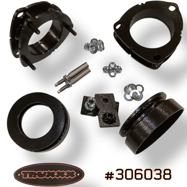 #306038 Product photo of Truxxx kit #306038 for the 2027 Kia Telluride Hybrid X-Line. Featuring 2.0-inch front and 1.5-inch rear lift spacers made from US Mill Certified Steel, including custom shock shaft extensions and high-tensile Grade 10.9 hardware.